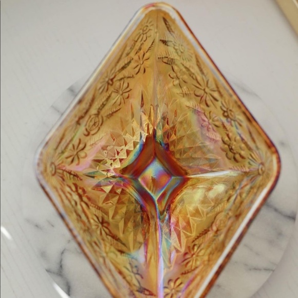 Vintage Diamond Shape Carnival Glass Pedestal Dish